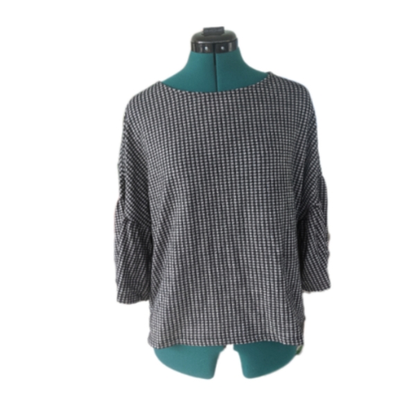 Zara Womens Pin Check Print Top Wide Bell Sleeve Boat Neck - Picture 1 of 3